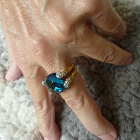 David Yurman Color Classics 18K Gold & Blue Topaz Ring with Diamond Accents NEW - Picture 12 of 15